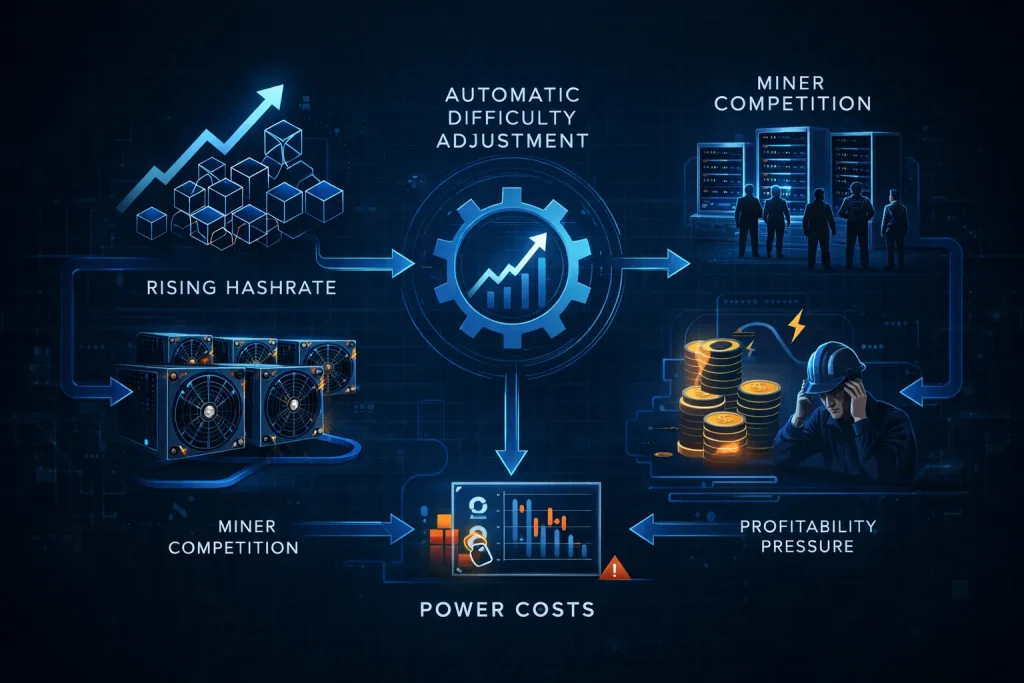 Bitcoin mining infographic showing how rising hashrate increases difficulty and miner pressure