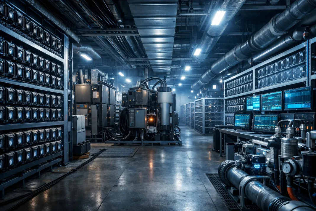 Modern Bitcoin mining facility in 2026 with industrial ASIC miners, power infrastructure, and cooling systems