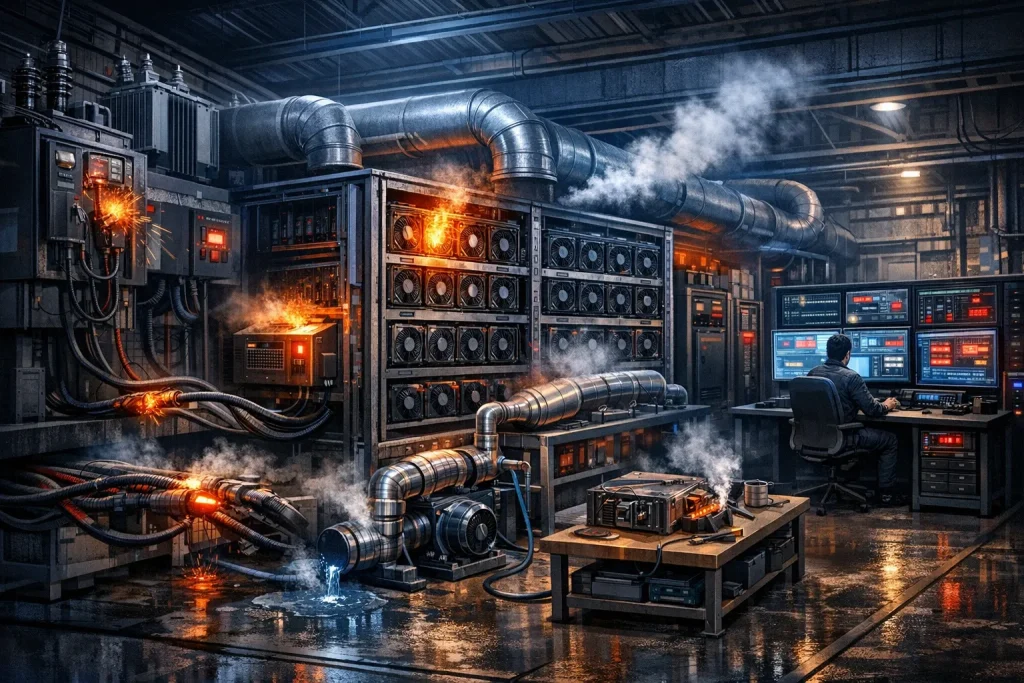 Explainer image showing downtime risks and hidden failure points inside a modern Bitcoin mining facility in 2026