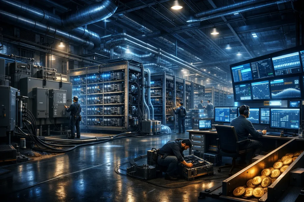 Illustration showing what industrial Bitcoin mining really looks like in 2026 with power infrastructure, ASIC fleets, cooling systems, and monitoring operations