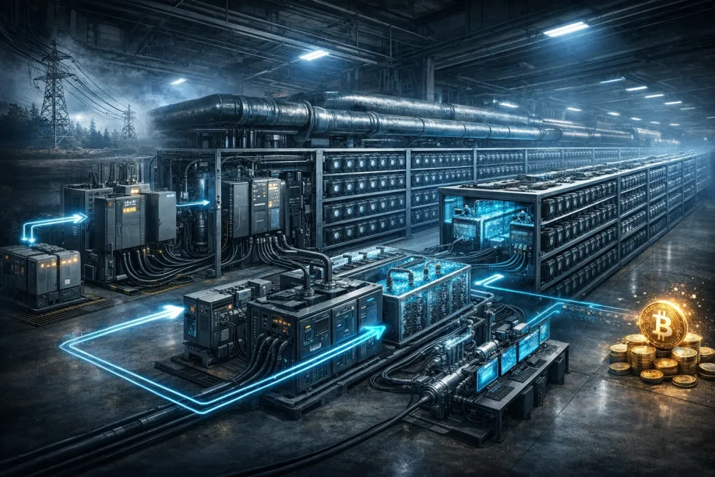 Explainer illustration showing how a modern Bitcoin mining facility works in 2026 from electricity input to Bitcoin output