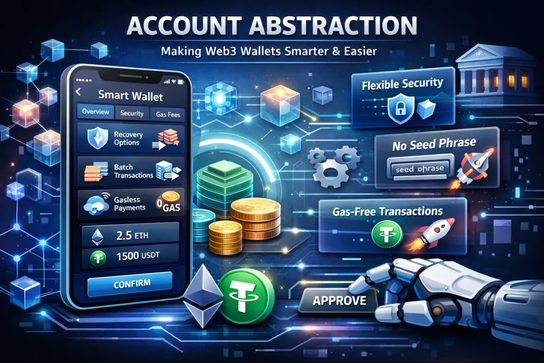 Account abstraction smart wallet illustration showing gasless payments, wallet recovery, flexible security, and batch transactions in Web3