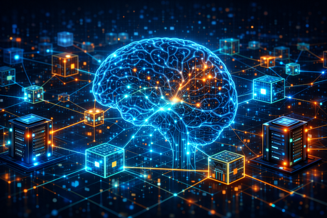 artificial intelligence brain connected to blockchain network representing decentralized AI and crypto infrastructure