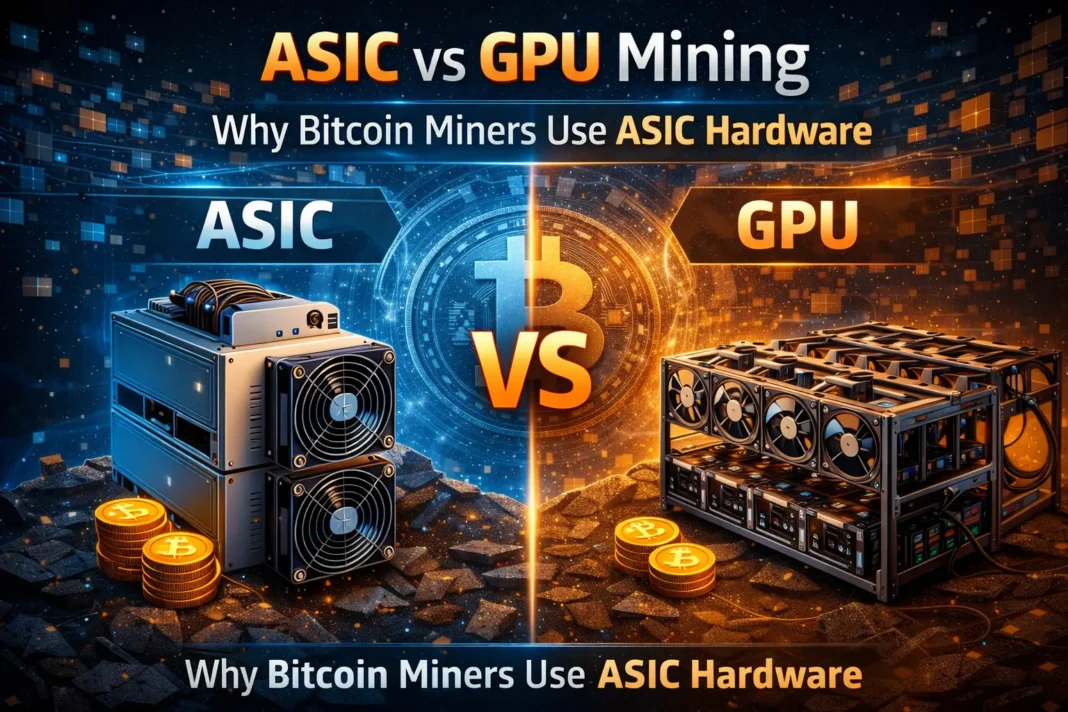 ASIC vs GPU mining hardware comparison showing bitcoin mining machines and GPU mining rigs