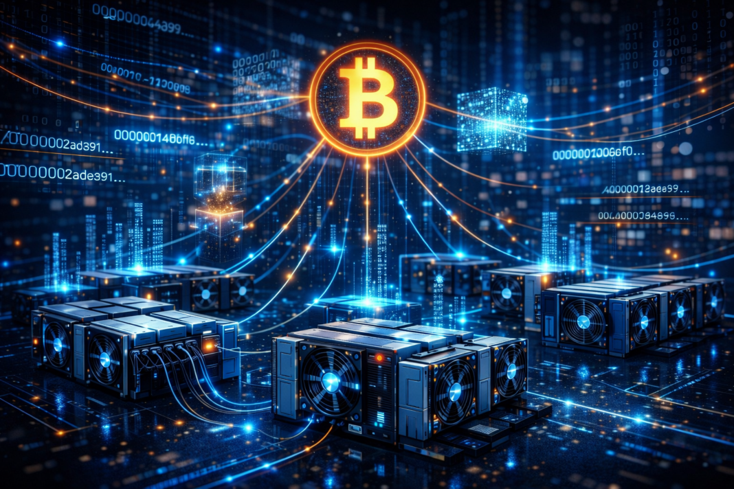 Bitcoin mining network with ASIC miners competing to solve cryptographic hashes and increasing mining difficulty