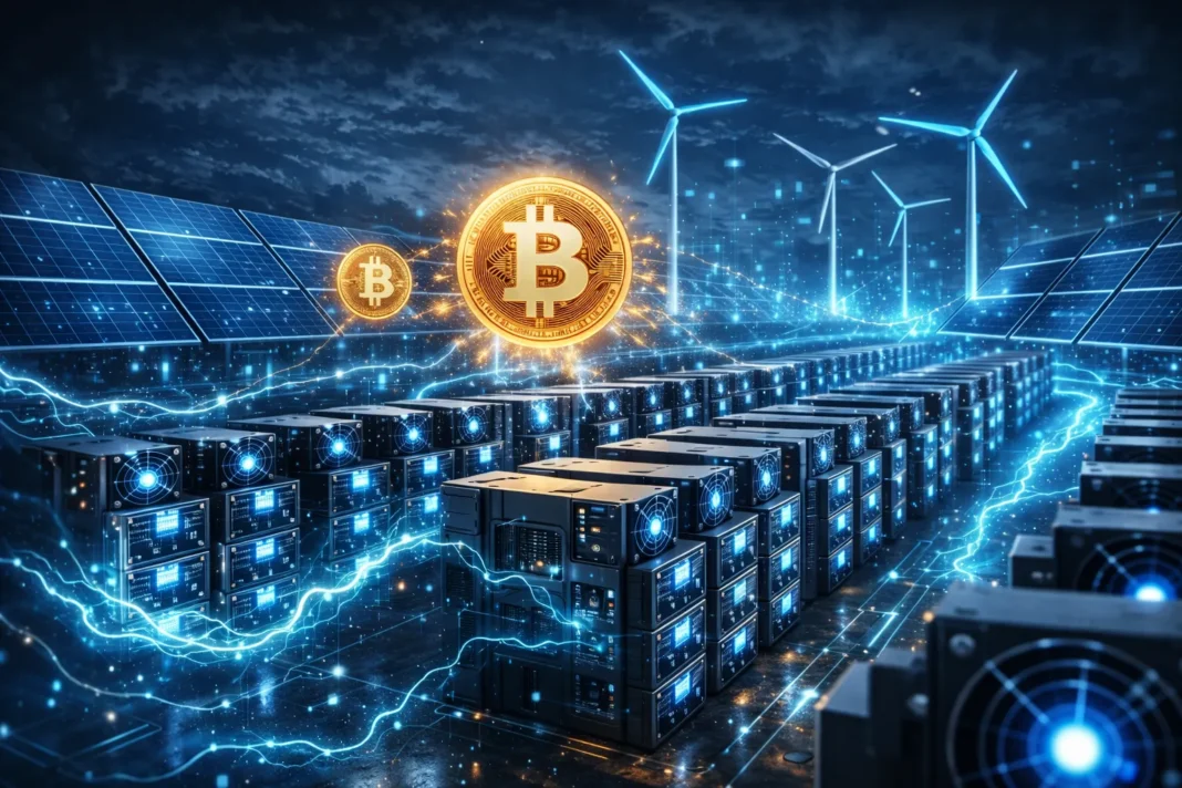 bitcoin mining farm using renewable energy with ASIC miners securing blockchain