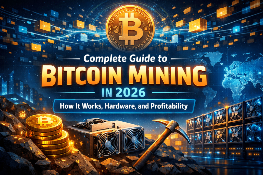 Bitcoin mining hardware and blockchain network illustration showing ASIC miners validating Bitcoin transactions in 2026