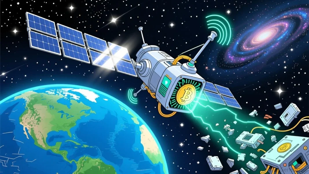 satellite performing bitcoin mining in space orbit using solar powered blockchain infrastructure