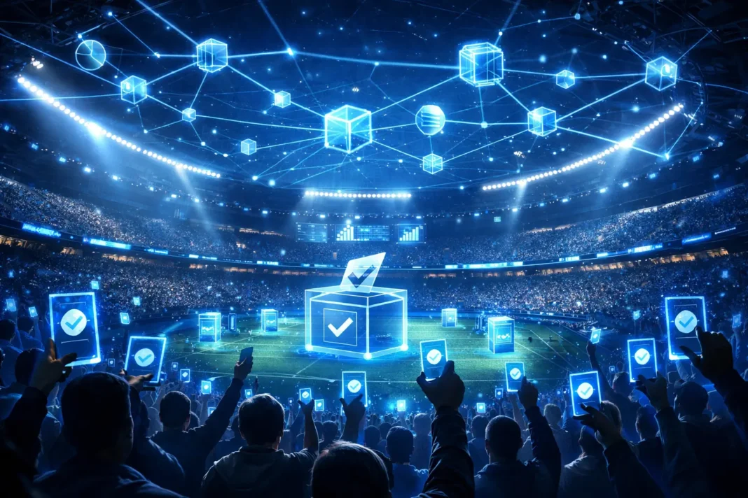 Futuristic sports stadium with blockchain network overlay as fans vote using digital tokens in a decentralized Web3 governance system