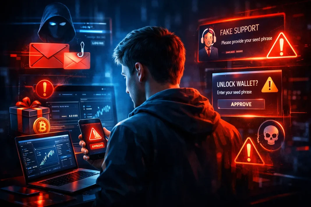 Common crypto scams beginners must avoid shown in a Web3 cybersecurity illustration