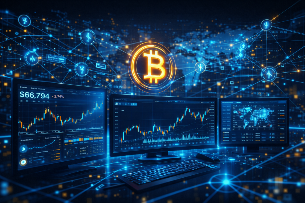 futuristic cryptocurrency market dashboard with bitcoin price charts and global blockchain network connections
