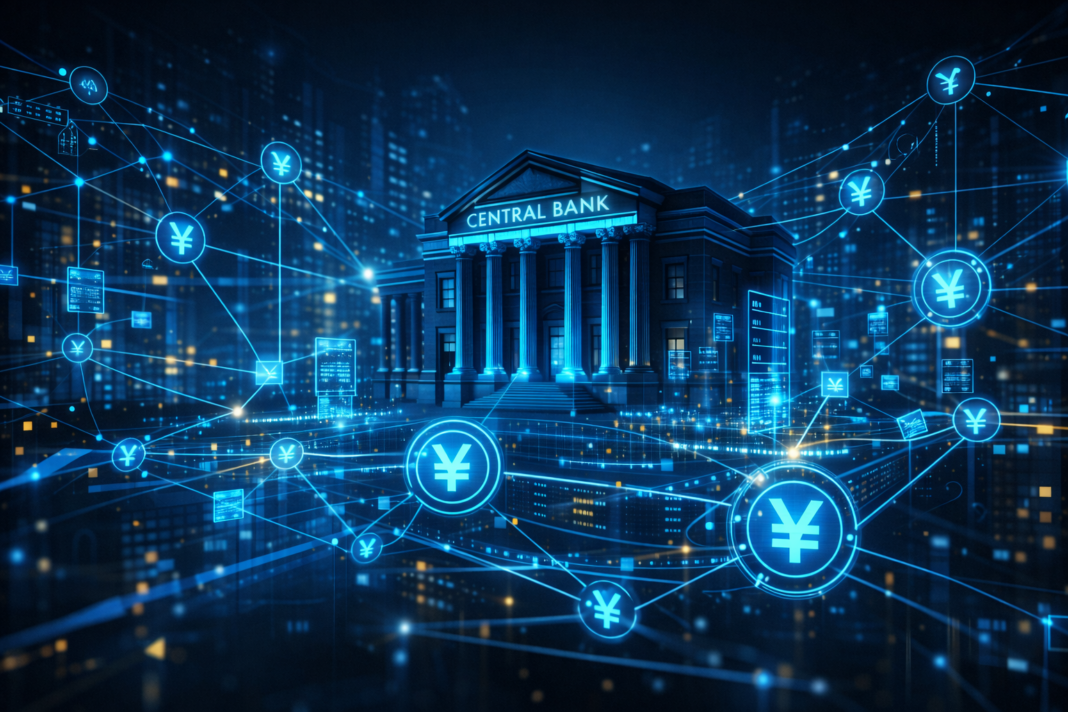 Bank of Japan central bank building connected to blockchain network representing digital yen and bank reserve settlement technology