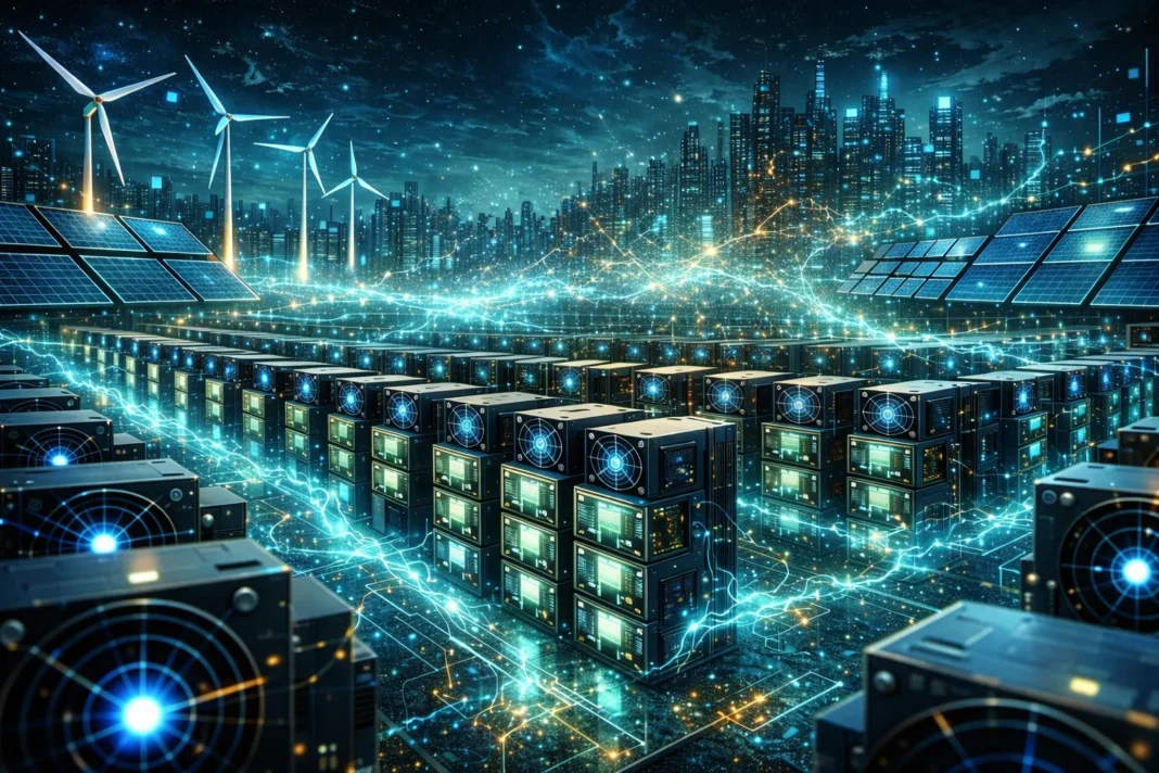 futuristic bitcoin mining farm powered by renewable energy with advanced ASIC miners securing blockchain network