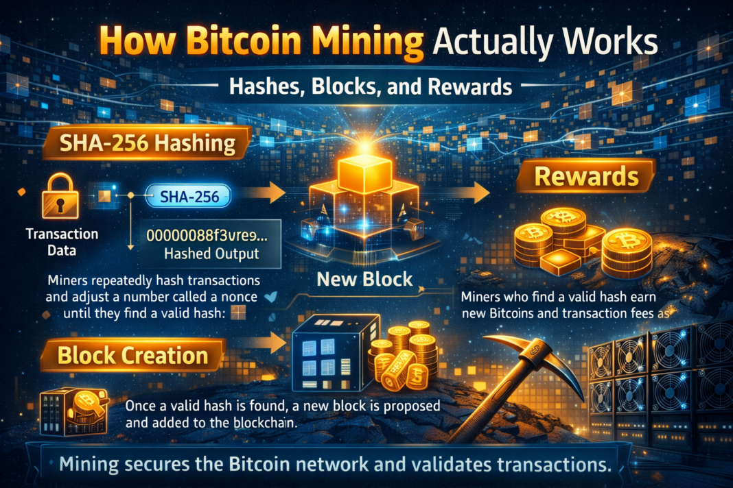 Illustration explaining how Bitcoin mining works including SHA-256 hashing, block creation and mining rewards on the Bitcoin blockchain