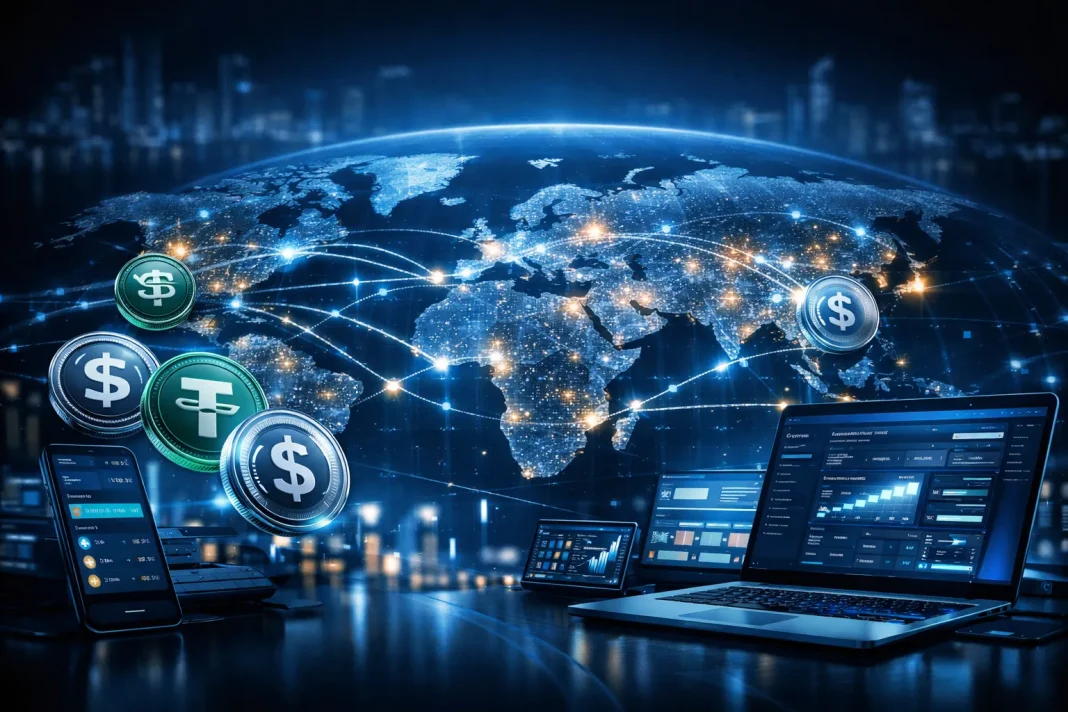 How Stablecoins Are Used for Cross-Border Payments illustrated with global blockchain payment rails, digital dollar stablecoins, wallet interfaces, and business settlement dashboards