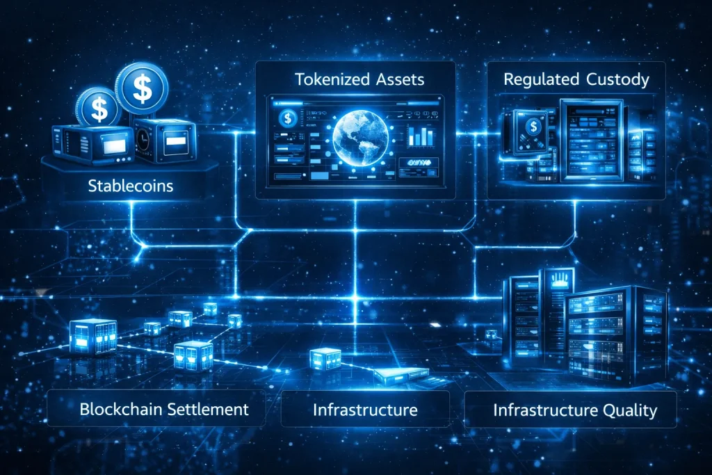 Institutional adoption Web3 explainer showing stablecoins tokenization custody and blockchain settlement