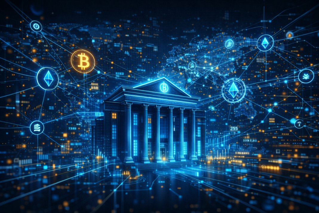 futuristic central bank connected to global blockchain networks representing Kazakhstan digital asset investment