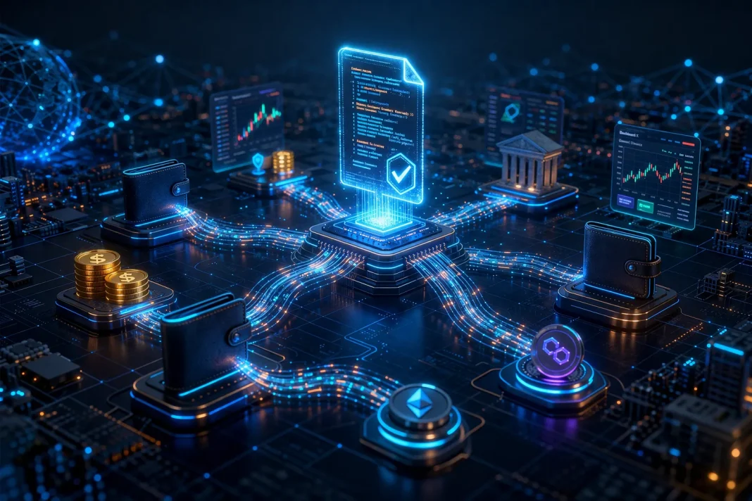 smart contracts explained in a futuristic Web3 blockchain scene