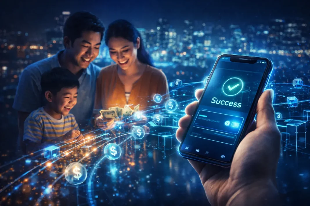 Family receiving stablecoin remittance through a mobile wallet and blockchain payment network