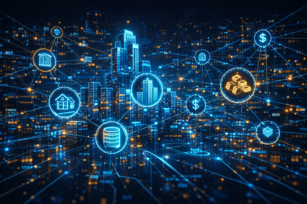 futuristic financial city with buildings tokenized into blockchain digital assets connected through decentralized networks