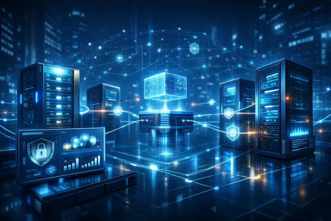 Validators explained in a futuristic proof-of-stake blockchain network illustration