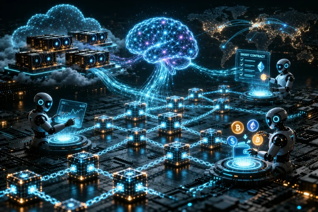 Web3 and AI concept with decentralized intelligence, blockchain nodes, and AI agents