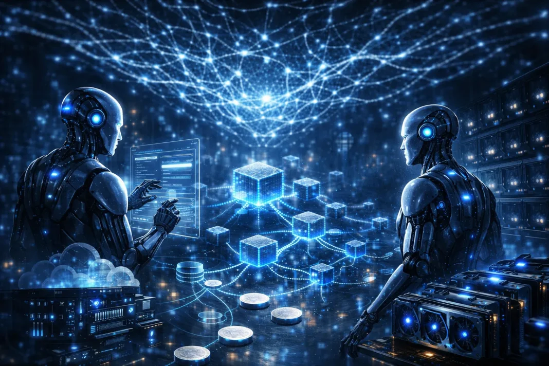 Futuristic Web3 and AI illustration showing autonomous agents, blockchain nodes, stablecoin payment rails, and distributed GPU infrastructure