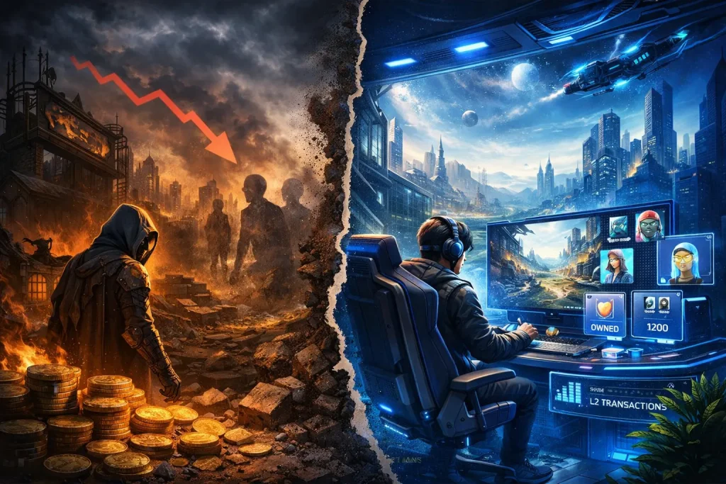 Web3 gaming in 2026 showing the contrast between fading hype-driven blockchain games and rebuilding gameplay-focused ecosystems