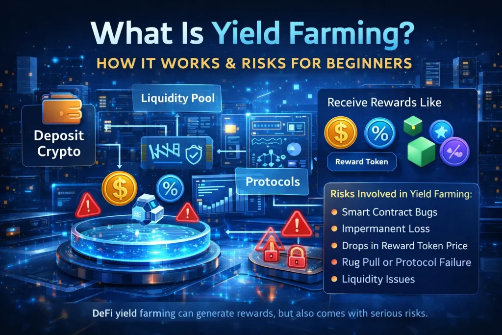 What is yield farming explainer showing how DeFi liquidity pools generate rewards and risks