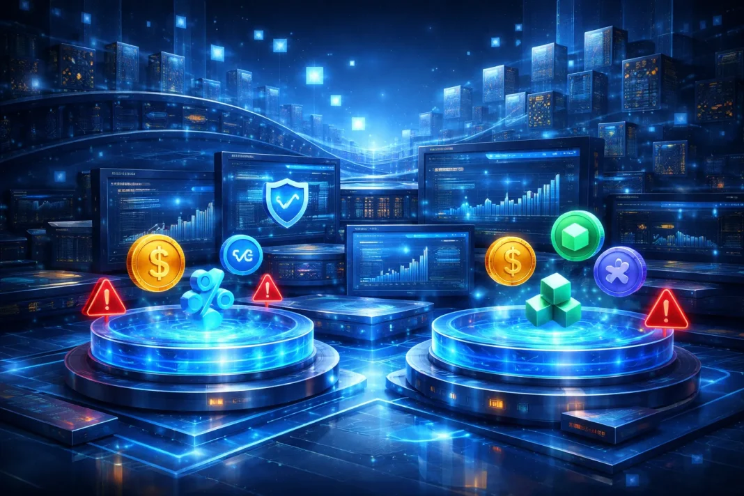 What is yield farming shown in a wide futuristic DeFi liquidity pool illustration